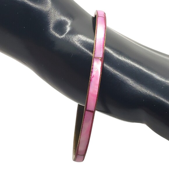 Vintage Inlay MOP Shell Brass Thin Bangle Bracelet Dyed Dark Pink - Picture 3 of 8